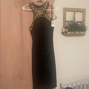 Xscape Black Dress with Gold Embellishments